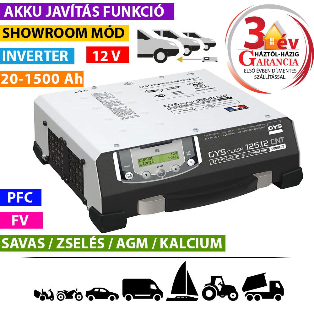 GYSFLASH 125.12 CNT FV inverteres akkumulátor töltő (5 m kábel) termék fő termékképe